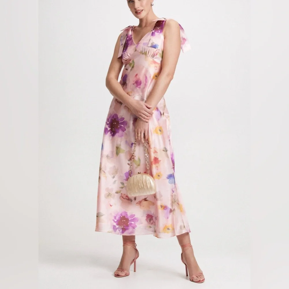 Maison Tara V Neck Pink Watercolor Floral Maxi Dress with Bow Straps size 6 $148 - Picture 3 of 16